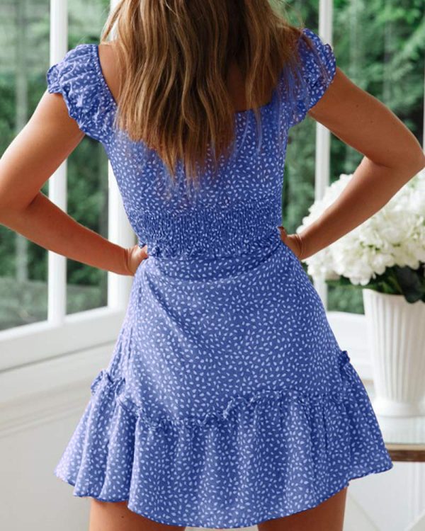 61BoVEHyPIL.jpg Womens Summer Ruffle Sleeve Sweetheart Neckline Printing Dress Mini Dresses