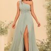 Chiffon One Shoulder Bridesmaid Dress with Pleated Bodice Long A Line Prom Dress for Women RS028