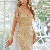 Women's Ruffles Sleeves Sequin Embroidery Evening Mother of The Bride Dress 00692