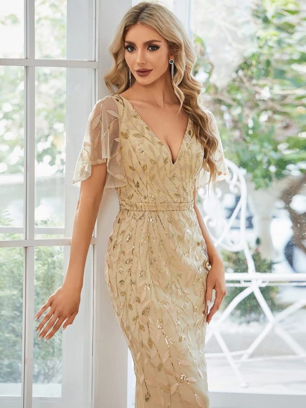 61CtCnSHGZL.jpg Women's Ruffles Sleeves Sequin Embroidery Evening Mother of The Bride Dress 00692