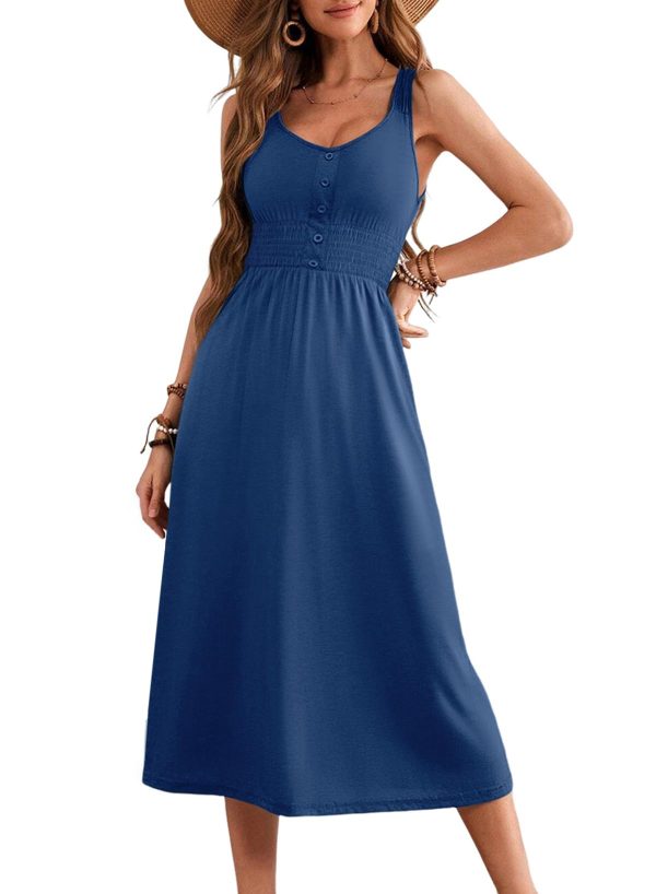 Womens Summer Dresses 2025 Sleeveless Button Down Smocked Empire Waist Casual A-Line Swing Midi Dress Sundress