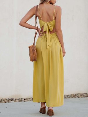 Women Casual Dress Beach Sleeveless V Neck Summer Cutout Spaghetti Straps Formal Maxi Sun Dresses