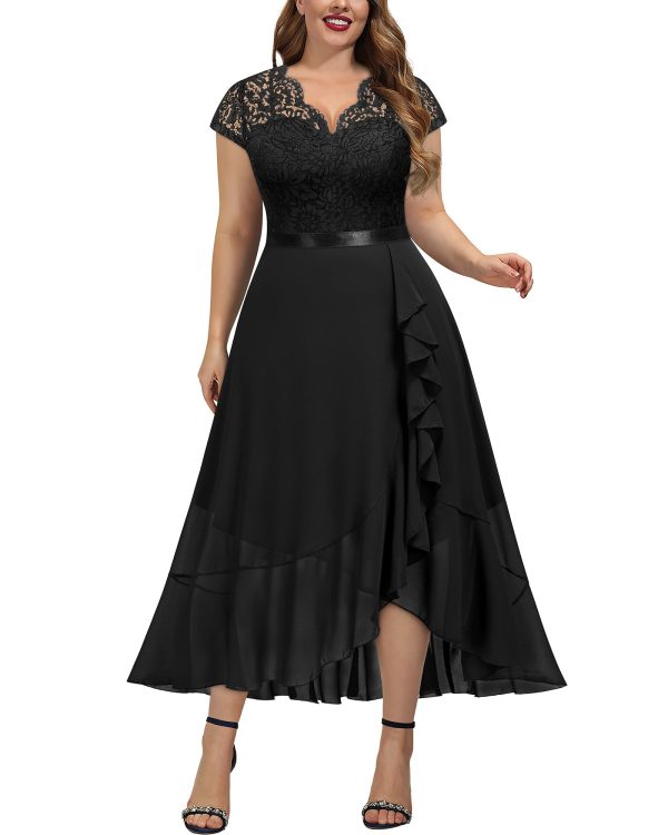 61F6jO8wFqL.jpg Women's Plus Size V Neck Elegant Floral Lace Ruffle Bridesmaid Maxi Dress
