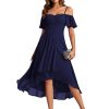 Women's Summer Cold Shoulder Hi-Lo Asymmetrical Hem Flowy Chiffon Short Wedding Guest Dress 02103