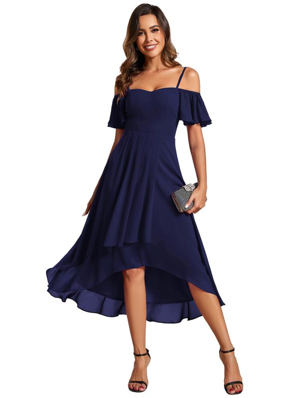 61FHyBWJypL.jpg Women's Summer Cold Shoulder Hi-Lo Asymmetrical Hem Flowy Chiffon Short Wedding Guest Dress 02103