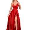 V Neck Satin Prom Dresses with Slit Long A line Formal Bridesmaid Dresses for Women BDL004