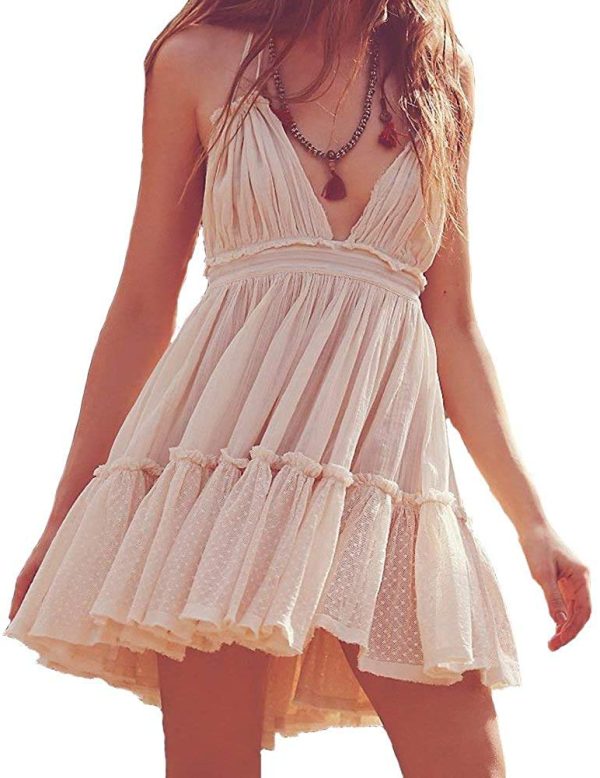 61GN4RPQL0L.jpg Summer Deep V Neck Bohemian Women Mini Short Dress Backless Beach Boho Dress