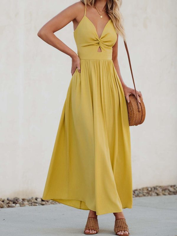 61GvpbxG7hL.jpg Women Casual Dress Beach Sleeveless V Neck Summer Cutout Spaghetti Straps Formal Maxi Sun Dresses