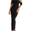 Womens 2025 Summer Off The Shoulder Dress Ruched Bodycon Sleeveless Split Cocktail Party Maxi Dresses