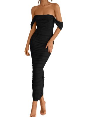 Womens 2025 Summer Off The Shoulder Dress Ruched Bodycon Sleeveless Split Cocktail Party Maxi Dresses