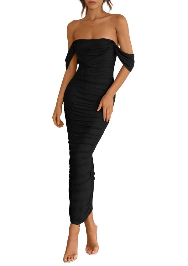 Womens 2025 Summer Off The Shoulder Dress Ruched Bodycon Sleeveless Split Cocktail Party Maxi Dresses