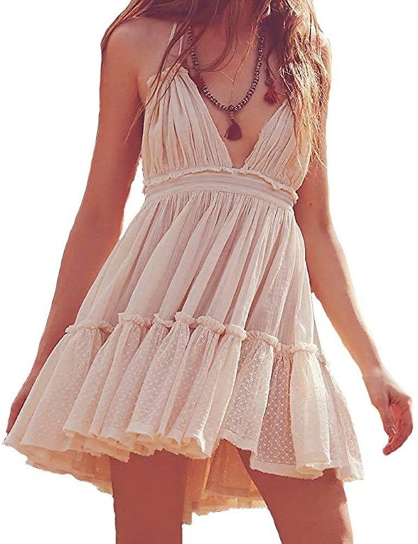 61IkBSfwi3L.jpg Summer Deep V Neck Bohemian Women Mini Short Dress Backless Beach Boho Dress