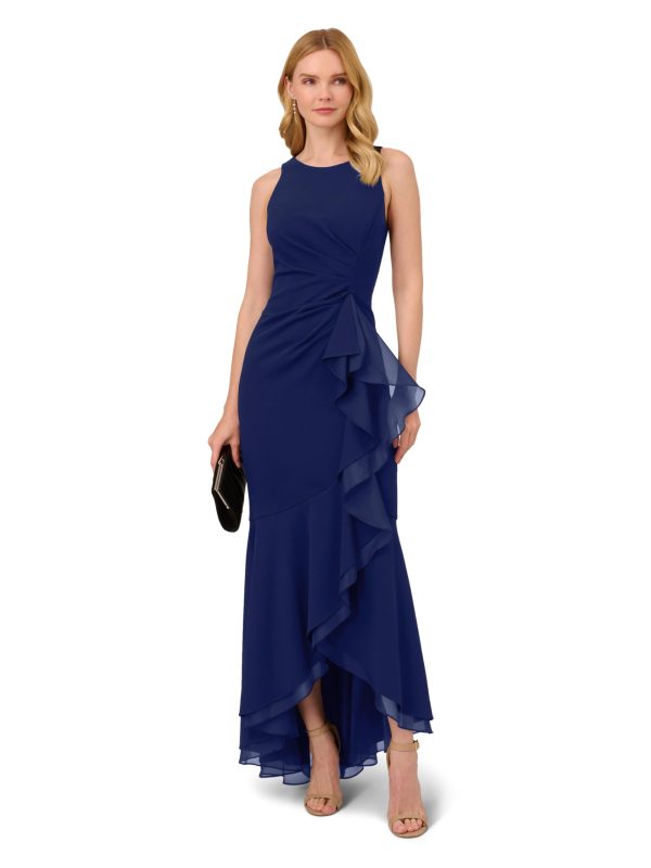 Women's Ruffle Crepe Halter Gown