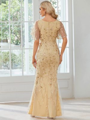 Women's Ruffles Sleeves Sequin Embroidery Evening Mother of The Bride Dress 00692