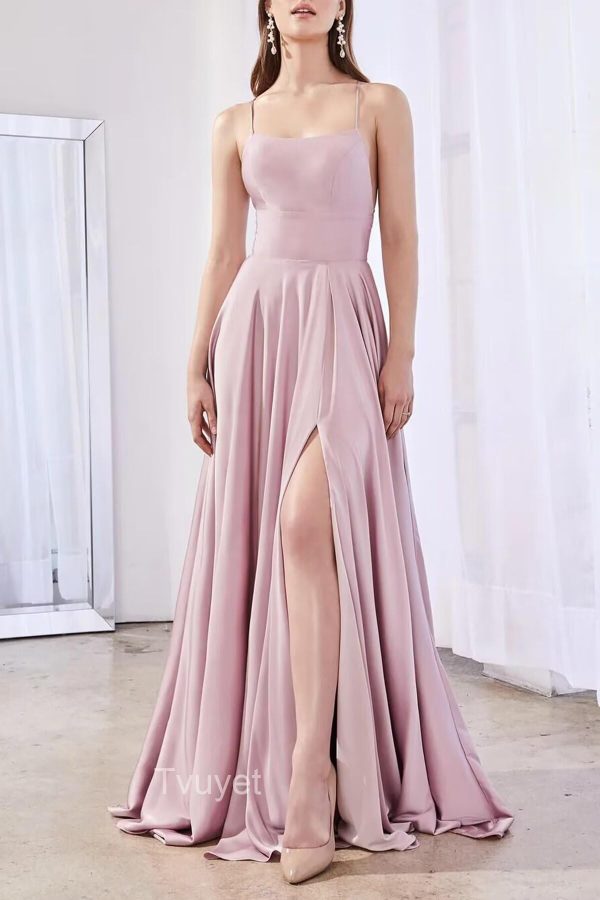 Satin Prom Dresses Long with Pockets Spaghetti Straps A Line Bridesmaid Dresses with Side Slit Ball Gown