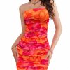 Women's Floral Mesh Strapless Ruched Tube Mini Dress Short Bodycon Dresses