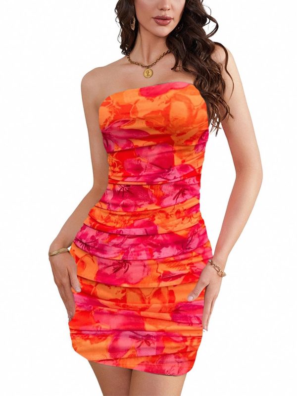 Women's Floral Mesh Strapless Ruched Tube Mini Dress Short Bodycon Dresses