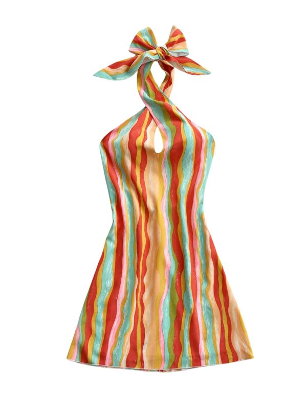 61KYlfOYiL.jpg Women's Sleeveless Halter Backless Tie Back Floral Bodycon Mini Dress