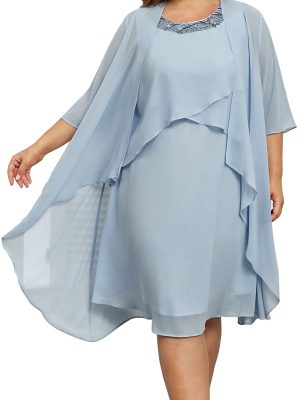 Womens Plus Size Dress with Jacket 2 Piece Wedding Guest Dresses Flowy Mother of The Bride Dress