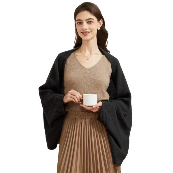 Women's Open Front Cashmere Shawl Wrap Scarf with Sleeves Outer Warm Knitted Poncho Cape Fall Winter