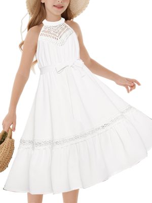 Girls Dresses Summer Spring Halter Maxi Dress Kids Ruffle Casual Flower Pleated Sun Dress Size 5-14