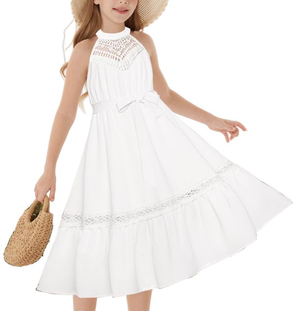 61Lz3yT41QL.jpg Girls Dresses Summer Spring Halter Maxi Dress Kids Ruffle Casual Flower Pleated Sun Dress Size 5-14