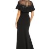 Long Stretch Dress W/Illusion Neckline Beaded Applique & Front Slit