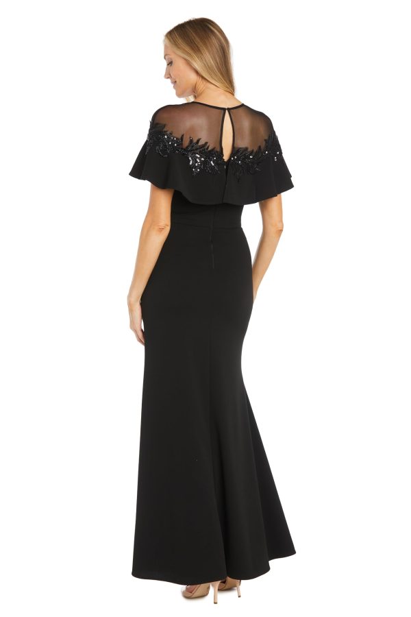 Long Stretch Dress W/Illusion Neckline Beaded Applique & Front Slit