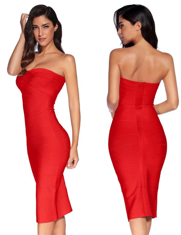 61OL13XbQL.jpg Women's Midi Cocktail Dresses Strapless Bandage Bodycon Dress Wedding Party Dress
