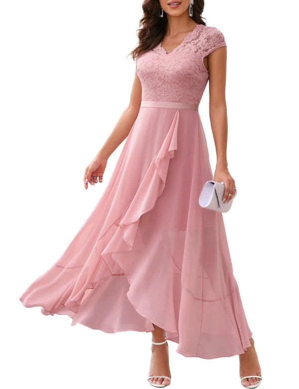 61OLGtz78OL.jpg Women's V-Neck Dress for Women Wedding Guest Hi-Lo Floral Lace Prom Cocktail Party Formal Bridesmaid Dress