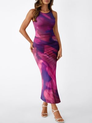Bodycon Maxi Dress Womens Sleeveless Floral Print Fitted Party Club Ruched Dresses with Side Slit