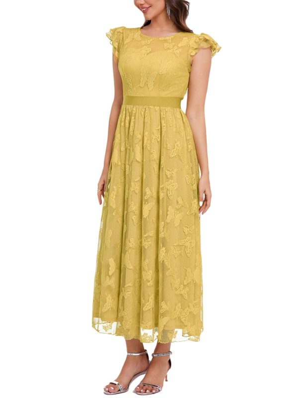 61SQunXikiL.jpg Women's Midi Formal Dress 2025 Flutter Short Sleeve Crewneck Lace Wedding Guest Party Dresses