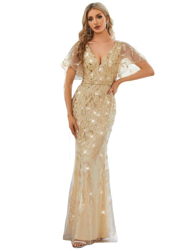 61TQuRUG5sL.jpg Women's Ruffles Sleeves Sequin Embroidery Evening Mother of The Bride Dress 00692