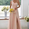 Women's One Shoulder Chiffon Bridesmaid Dresses Long A-Line Pleated Formal Party Dress with Slit