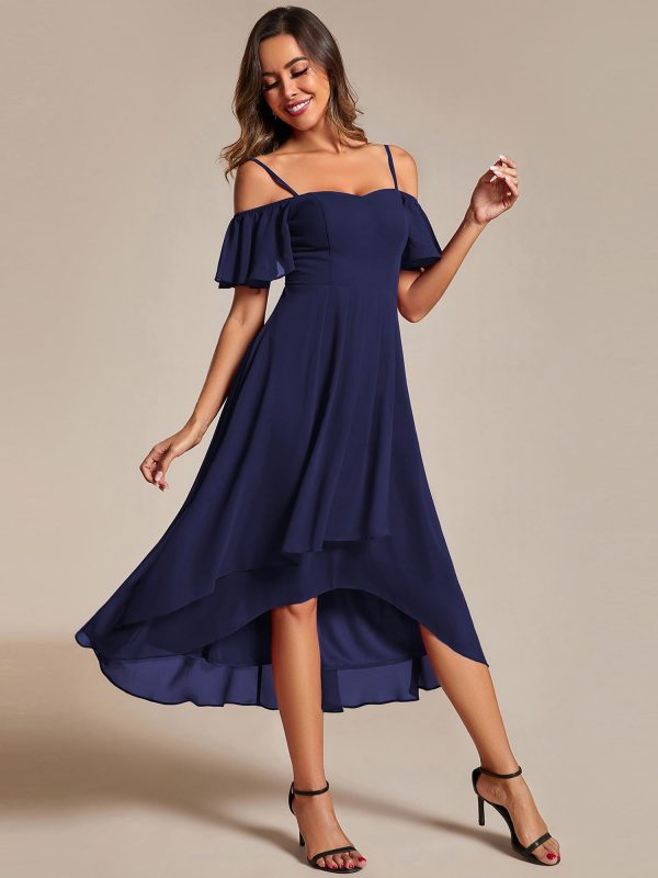61WGwmoyCjL.jpg Women's Summer Cold Shoulder Hi-Lo Asymmetrical Hem Flowy Chiffon Short Wedding Guest Dress 02103