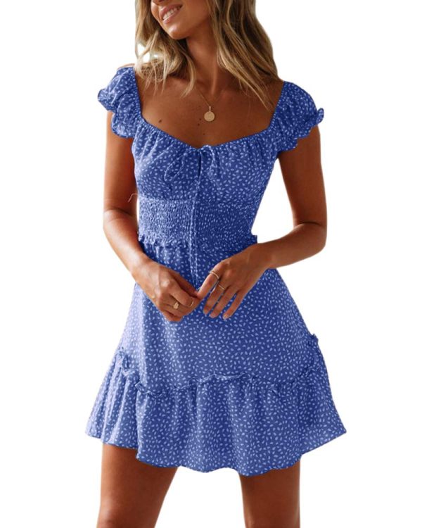 61WaDeO3qLL.jpg Womens Summer Ruffle Sleeve Sweetheart Neckline Printing Dress Mini Dresses