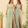 Chiffon One Shoulder Bridesmaid Dress with Pleated Bodice Long A Line Prom Dress for Women RS028