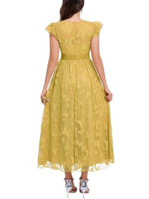 Women's Midi Formal Dress 2025 Flutter Short Sleeve Crewneck Lace Wedding Guest Party Dresses
