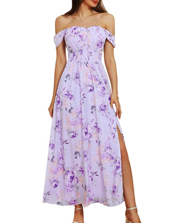 2025 Women's Summer Floral Print Flowy A Line Maxi Dresses Sleeveless Smocked Off Shoulder Dress
