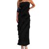 Women Summer Elegant Strapless Midi Ruched Bodycon Dress Solid Color Stretch Mesh Slim Party Cocktail Dresses
