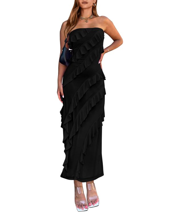 61cptP2xc5L.jpg Women Summer Elegant Strapless Midi Ruched Bodycon Dress Solid Color Stretch Mesh Slim Party Cocktail Dresses