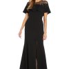 Long Stretch Dress W/Illusion Neckline Beaded Applique & Front Slit