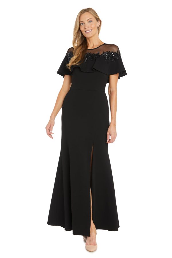 Long Stretch Dress W/Illusion Neckline Beaded Applique & Front Slit