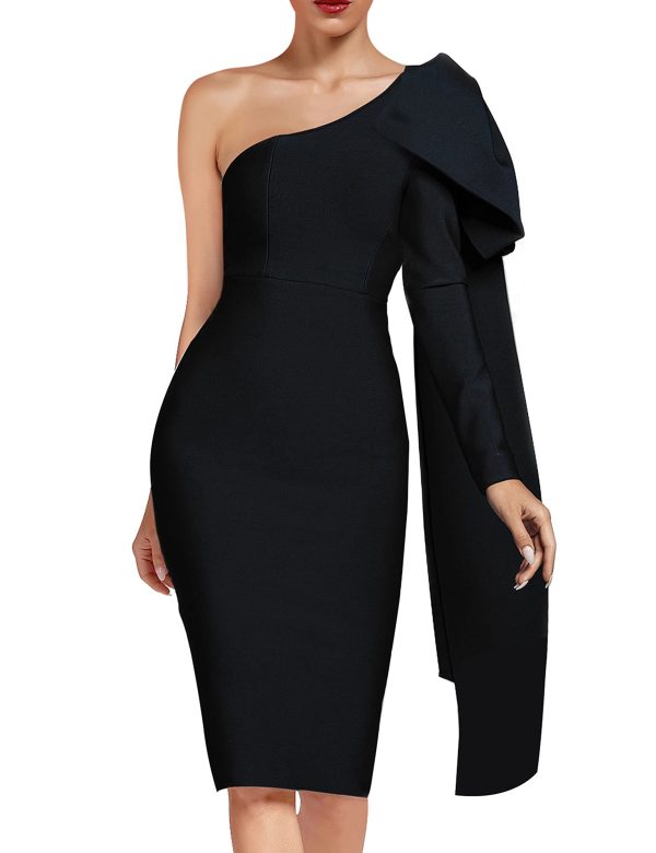 61e3MNDcedL.jpg Women's One Shoulder Bowknot Long Sleeve Bodycon Knee Length Club Party Bandage Dress