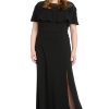 Long Stretch Dress W/Illusion Neckline Beaded Applique & Front Slit