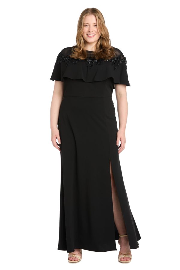 Long Stretch Dress W/Illusion Neckline Beaded Applique & Front Slit