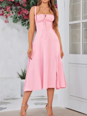Floral Midi Corset Dress Boho Flowy Slit Lace Up Dresses for Women Going Out A Line Casual Sundress