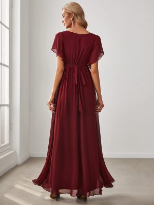Women's Bridesmaid Dress V-Neck Ruffle Sleeves Ruched Bust Floor Length Chiffon Formal Dresses 0164A