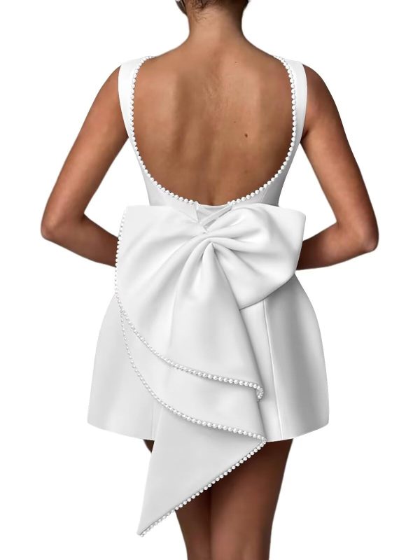 61hSCtme8ZL.jpg Mini Prom Dress Pearl Satin Evening Dress with Bow Backless Bodycon Formal Party Gowns AD045