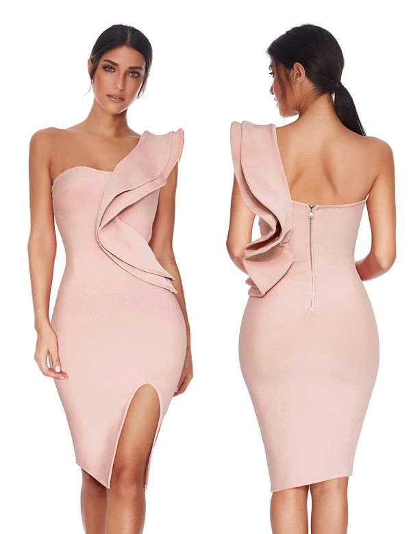 61iSv7uELNL.jpg One Shoulder Ruffle Dress Side Split Bodycon Bandage Dress Wedding Guest Dress